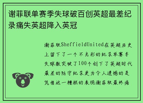 谢菲联单赛季失球破百创英超最差纪录痛失英超降入英冠